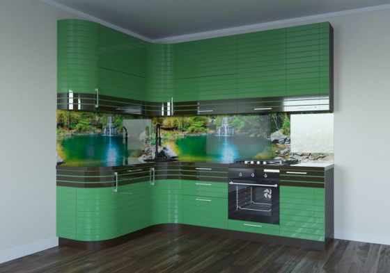 Угловая  кухня "Бостон" в эмали ярко зеленого цвета
